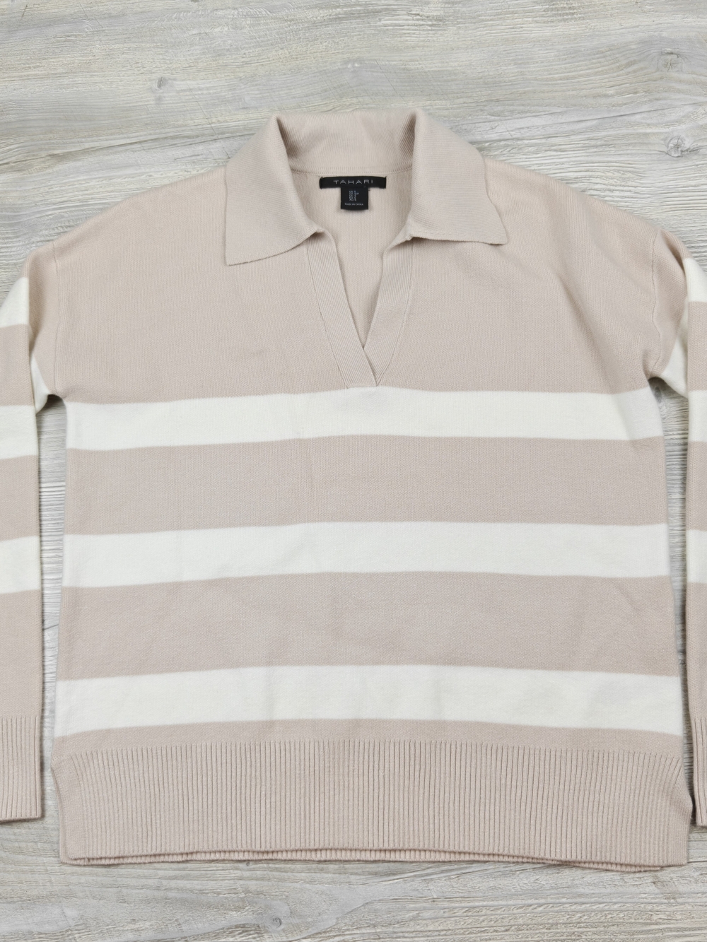 Tahari Women's S Striped Collared Pullover Sweater Beige White Minimalist Office